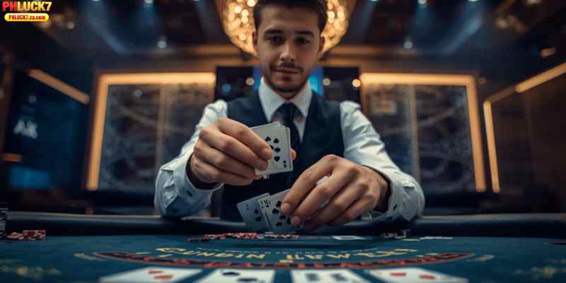A live dealer shuffling cards in a modern online casino setup.